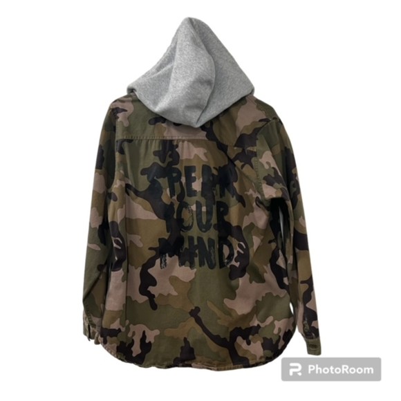 Rue 21 Green Camouflage Drawstring Button Hooded Shirt Jacket Shacket Sz LG - Picture 2 of 12